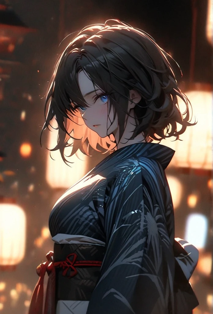 (solo), pitch black hair, messy hair, mane hair, short hair, dense hair, wild hair, expressive hai,(25 year old), pale skin, ((Female)), blue eyes, beautiful girl, wearing a white and blue decoration kimono, beautiful, attractive, huge breast, big ass, Yin, eye reflection, depth of field, thunder aura, cinematic lighting, ray tracing, depth of field, cinematic lighting, ray tracing, UHD, high details, best quality, highres, high quality, award winning, super detail, masterpiece, 8k, UHD, high details, best quality, highres, high quality, award winning, super detail, masterpiece, 8k, digital art, anime coloring, body shot, full body, back shot, good face, perfect face, detailed face, good eyes. The background is space. A blackhole in the background.