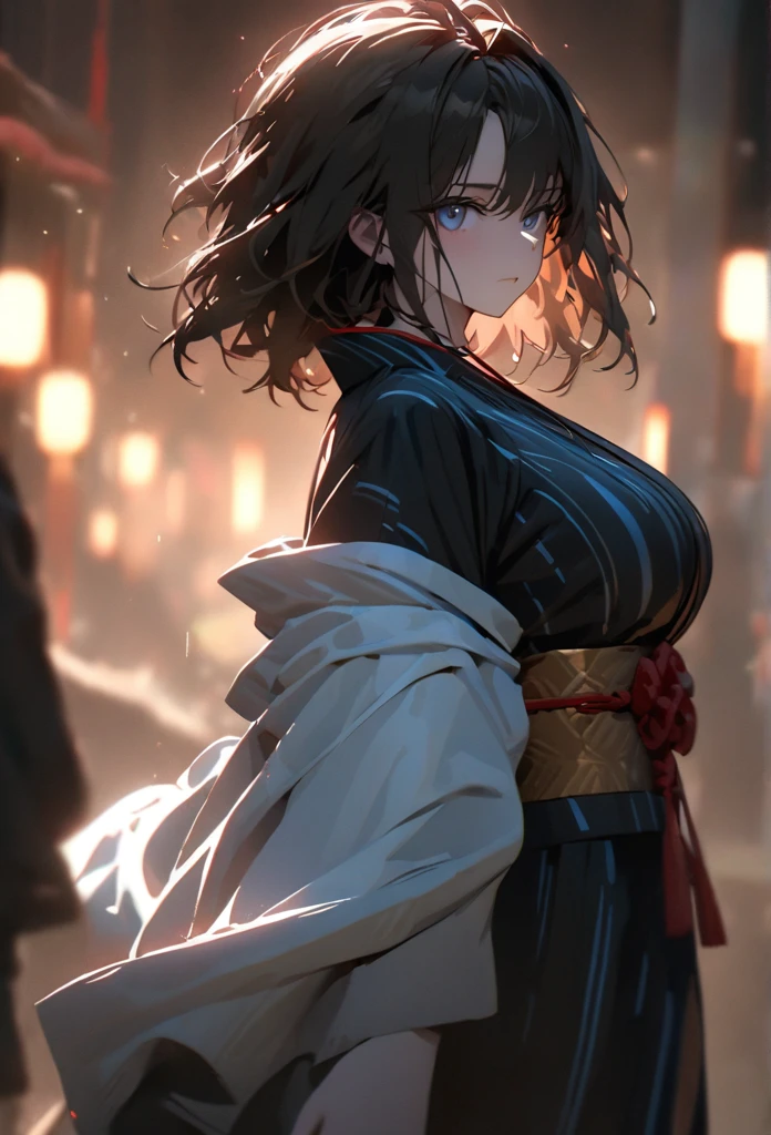 (solo), pitch black hair, messy hair, mane hair, short hair, dense hair, wild hair, expressive hai,(25 year old), pale skin, ((Female)), blue eyes, beautiful girl, wearing a white and blue decoration kimono, beautiful, attractive, huge breast, big ass, Yin, eye reflection, depth of field, thunder aura, cinematic lighting, ray tracing, depth of field, cinematic lighting, ray tracing, UHD, high details, best quality, highres, high quality, award winning, super detail, masterpiece, 8k, UHD, high details, best quality, highres, high quality, award winning, super detail, masterpiece, 8k, digital art, anime coloring, body shot, full body, back shot, good face, perfect face, detailed face, good eyes. The background is space. A blackhole in the background.