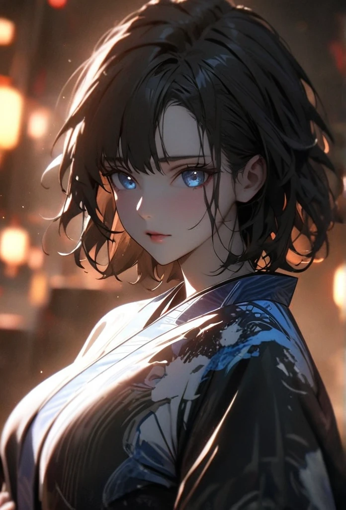 (solo), pitch black hair, messy hair, mane hair, short hair, dense hair, wild hair, expressive hai,(25 year old), pale skin, ((Female)), blue eyes, beautiful girl, wearing a white and blue decoration kimono, beautiful, attractive, huge breast, big ass, Yin, eye reflection, depth of field, thunder aura, cinematic lighting, ray tracing, depth of field, cinematic lighting, ray tracing, UHD, high details, best quality, highres, high quality, award winning, super detail, masterpiece, 8k, UHD, high details, best quality, highres, high quality, award winning, super detail, masterpiece, 8k, digital art, anime coloring, body shot, full body, back shot, good face, perfect face, detailed face, good eyes. The background is space. A blackhole in the background.