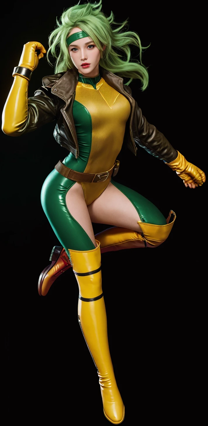 Masterpiece, hd, 8k, ultra detailed, photorealistic !(Rogue is a mutant superhero who has the power to absorb the memories, powers, and characteristics of anyone she touches. Her appearance and wardrobe have varied over the years, but some elements are constant. Rogue has brown hair with a white streak in the front, which is the result of permanently absorbing Ms. Marvel's powers¹. Her eyes are green and she usually wears discreet makeup. His most characteristic wardrobe is a green and yellow bodysuit with a brown leather jacket over it. The suit has a belt with an X and high boots. Rogue also wears gloves to prevent accidental contact with other people. Sometimes Rogue accessorizes her outfit with a scarf, cap, or sunglasses. Rogue has an athletic figure and average height. Their expression is usually confident and defiant, but can also show vulnerability and tenderness. Rogue is a southern belle who has become a leader of the X-Men)