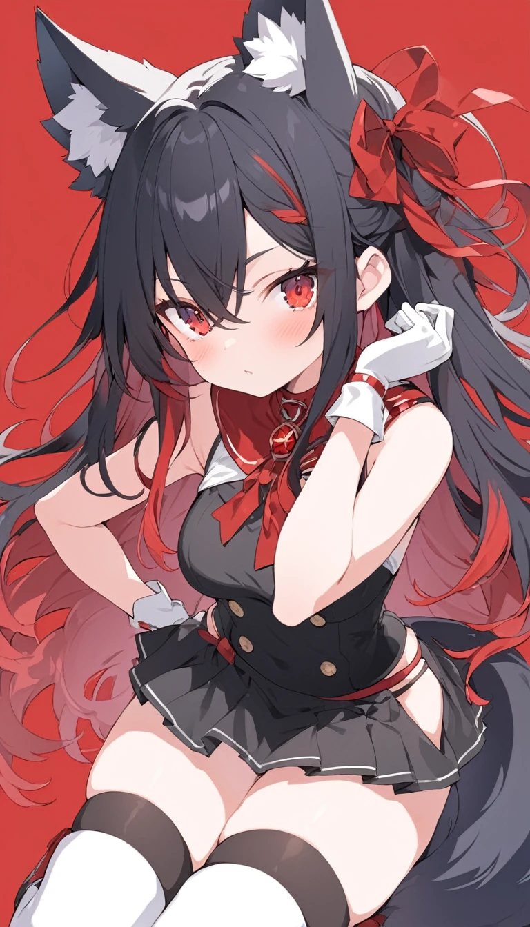 score_9, score_8_superior, score_7_superior, score_6_superior,a anime girl in some boots poses for the camera with a red backdrop, 1girl, animal ears, solo, tail, black hair, thighhighs, multicolored hair, red hair, skindentation, looking at viewer, wolf ears, hands on hips, gloves, wolf tail, long hair