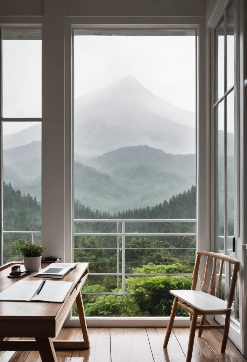 there is a view of a mountain through a window from a porch, quiet and serene atmosphere, inside on a rainy day, White study desk