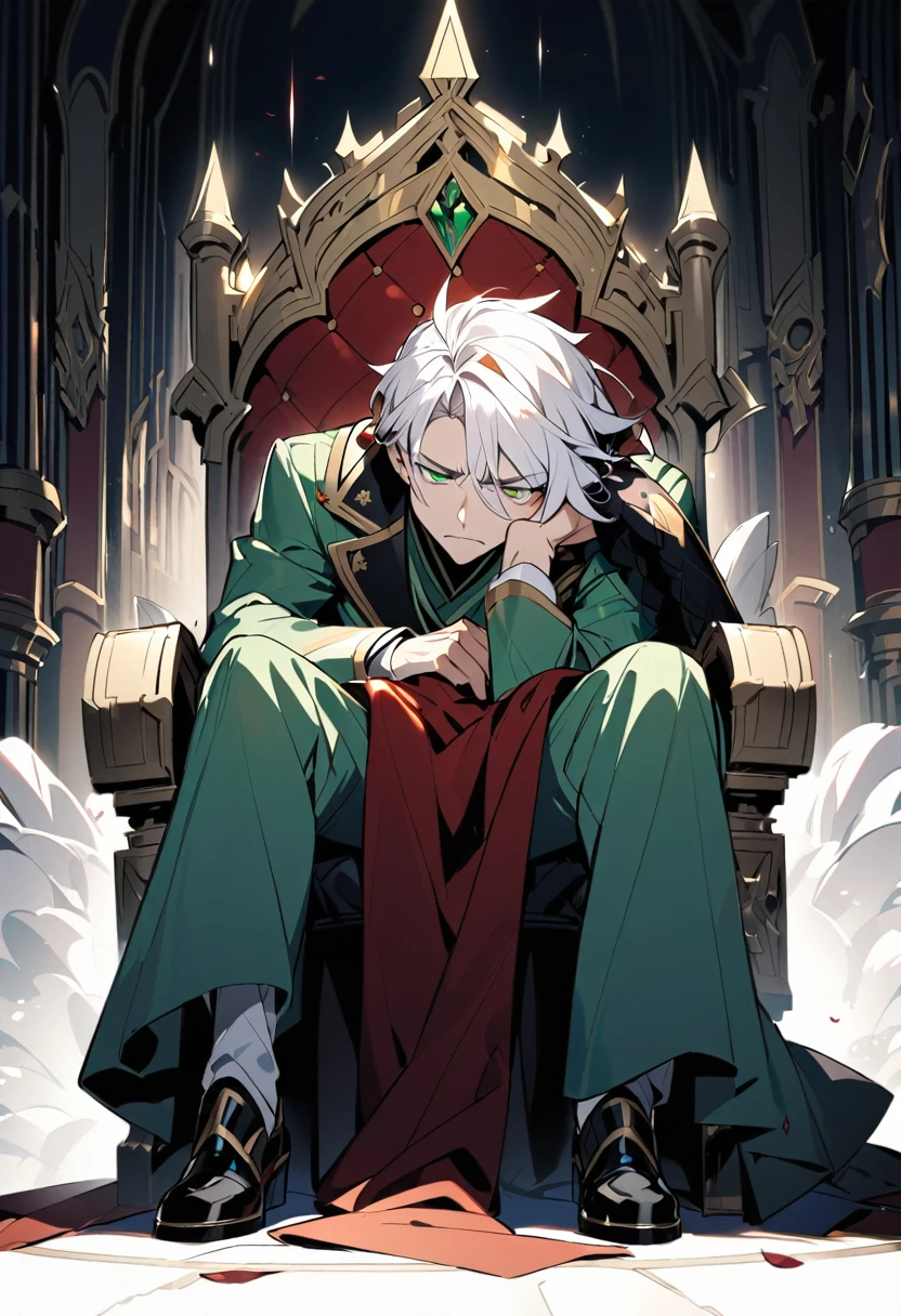 A man with white hair and green eyes sits on a royal throne resting his head on his hand with a troubled expression