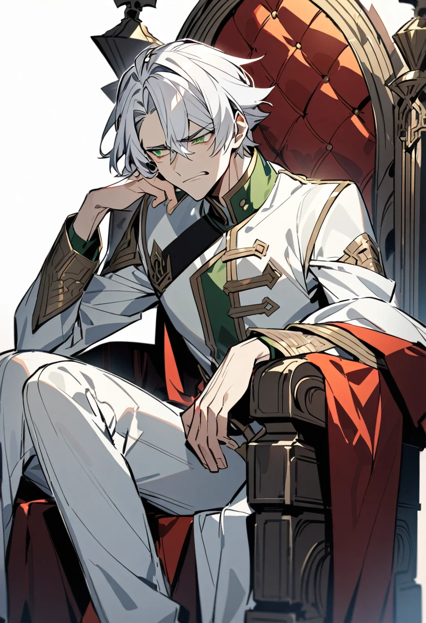 A man with white hair and green eyes sits on a royal throne resting his head on his hand with a troubled expression