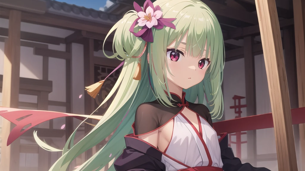 ((masterpiece)),(best quality),Official Art,Extremely detailed CG,Unity 8K wallpaper,Very detailed,Beautiful and delicate eyes,Extremely detailed face,1 girl,solitary,,(whole body:1.5),(small:1.3),,,Murasame,Very long hair,Green Hair,Face Up,Purple bow,hairpin,Side chains,Bangs,Red Eyes,Neck strap,Red belt,Sword Master，In clothing design，Deconstruction based on the Tang Dynasty cross-breasted long gown。Combined with Li Bai&#39;s poem &quot;Lazy Shaking White Feather Fan&quot;，&quot;Naked in the Green Forest&quot; is a casual and bold description，Designed for simplicity and segmentation、The overall center of gravity is lower, with wide sleeves。at the same time，The overall clothing is painted in ink-splashing style.，Presents the pattern of ink landscape painting，Expressing his unrestrained and unrestrained temperament。at the same time在局内表现中，Hem、Ink dye at the end of the sleeves，It will be presented in the dynamics of water flow，It adds to the swordsman&#39;s sense of 。
In the design of weapons，White sword blade，The blue sword tip is interspersed with black；The hilt is made of white jade, which adds to the ancient charm.。besides，We added the design of the scabbard for the first time，On it are bunches of freshly picked white plum blossoms.，Highlighting the ultimate romance of chivalry in the world，Plum blossoms bloom all over the tree。Ink into Poetry、Chinese landscape paintings with great charm。