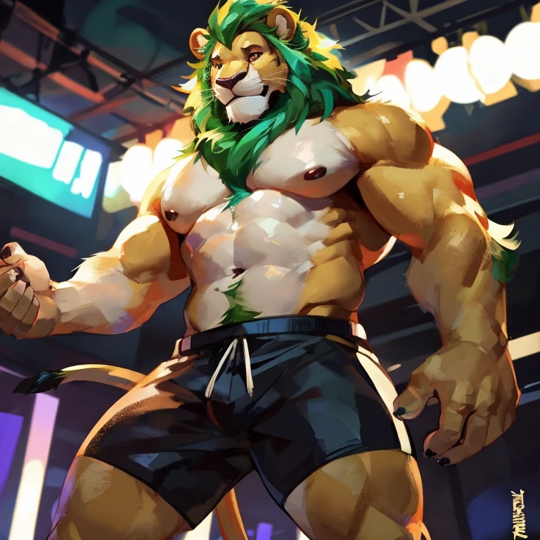 Medium muscular, lion, shirtless, in black shorts, Amber eyes, bluish-green mane, bluish-black and cream-white fur, By mystikfox61