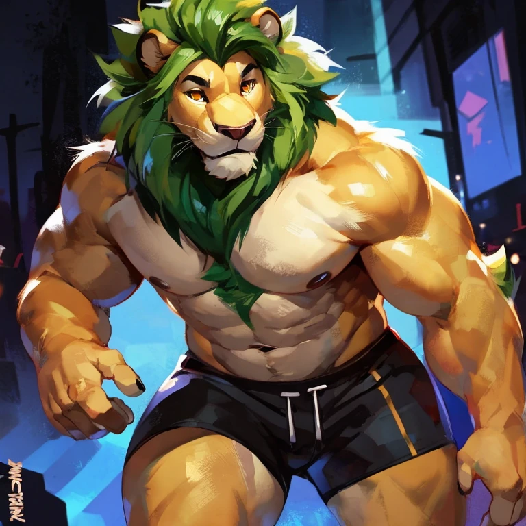 Medium muscular, lion, shirtless, in black shorts, Amber eyes, bluish-green mane, bluish-black and cream-white fur, By mystikfox61