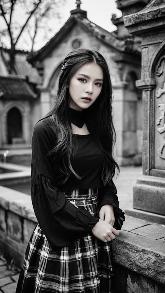 Portrait MagMix Girl look at camera, long hair, grunge gothic with Grave walls, a classic halloween fountain counter, and bold grunge posters, face lightning, film photo, unusual fashion choices, unusual hairstyles choices, pale skin, Korean girl, beautiful girl, black and white outfit, upper image, girl crush, brave girls, the concept are strong