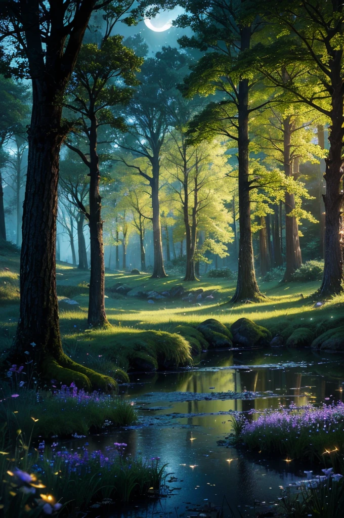 a comforting moonlit meadow in a lush forest at night, dark colors, peaceful atmosphere, moonlight, fireflies, glowing mushrooms, night sky, stars, ancient trees, mossy rocks, serene pond, long grass, wildflowers, (best quality,4k,8k,highres,masterpiece:1.2),ultra-detailed,(realistic,photorealistic,photo-realistic:1.37),landscape,fantasy,dramatic lighting,moody,cinematic