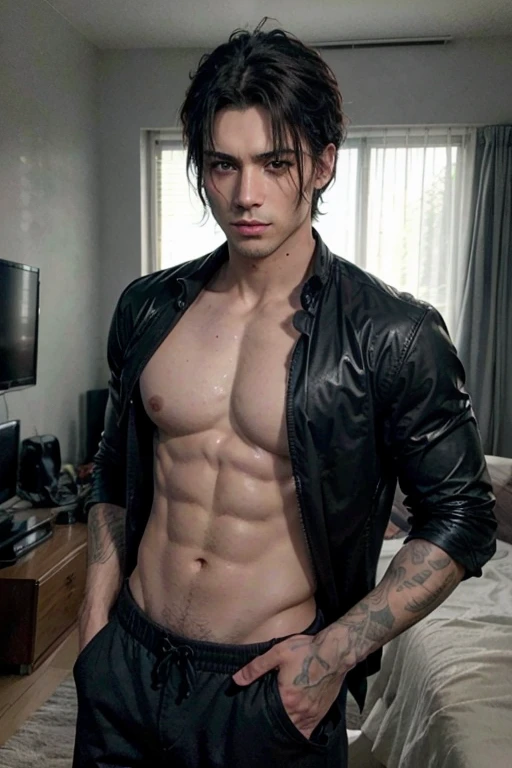 Hombre sin camisa, alto y en forma, con el cabello corto color negro, delineado negro en la parte inferior de los ojos y ojos verdes, mientras modela sexy en diferentes posiciones y lugares.
