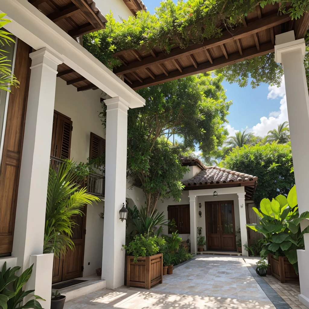 Photographie, Outside, Villa tropicale, tuiles de toit yin-yang rustiques, mur peint avec effet olive jaune, bassin de lotus au centre, portes en bois, open veranda, serene atmosphere, influences coloniales, plantes en pot luxuriantes, sol en pierre naturelle fendue grise, plantations tropicales, plantes en pot verdoyantes sur le porche, ombres douces, paisible, ciel couvert, vue grand angle