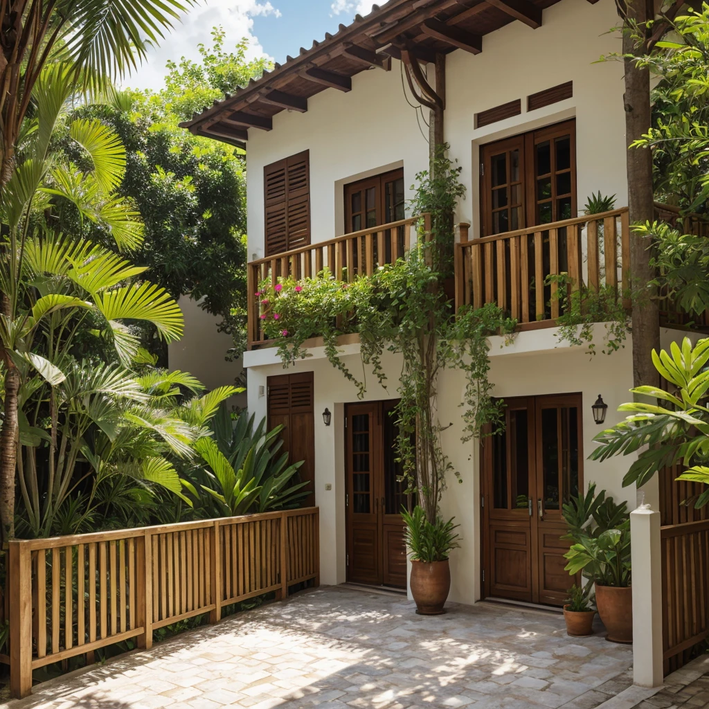 Photographie, Outside, Villa tropicale, tuiles de toit yin-yang rustiques, mur peint avec effet olive jaune, bassin de lotus au centre, portes en bois, open veranda, serene atmosphere, influences coloniales, plantes en pot luxuriantes, sol en pierre naturelle fendue grise, plantations tropicales, plantes en pot verdoyantes sur le porche, ombres douces, paisible, ciel couvert, vue grand angle