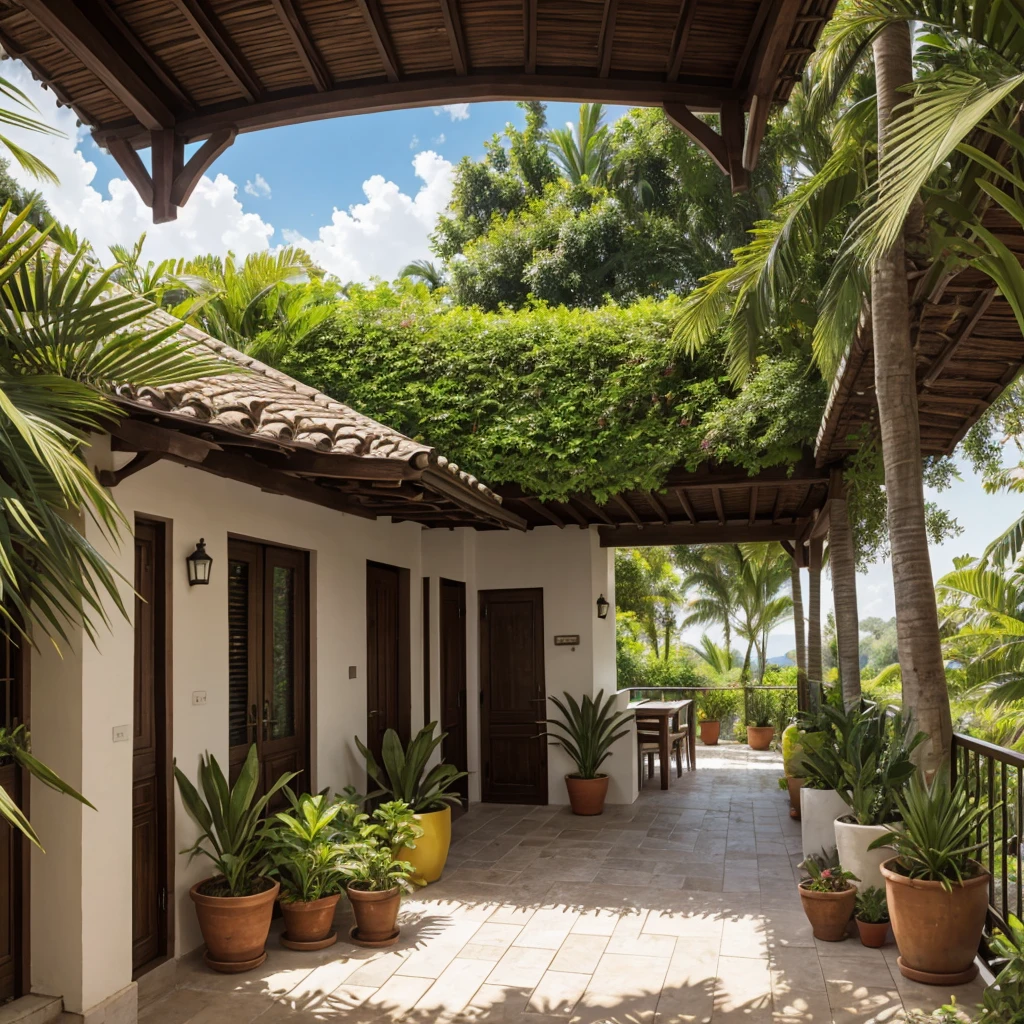 Photographie, Outside, Villa tropicale, tuiles de toit yin-yang rustiques, mur peint avec effet olive jaune, bassin de lotus au centre, portes en bois, open veranda, serene atmosphere, influences coloniales, plantes en pot luxuriantes, sol en pierre naturelle fendue grise, plantations tropicales, plantes en pot verdoyantes sur le porche, ombres douces, paisible, ciel couvert, vue grand angle