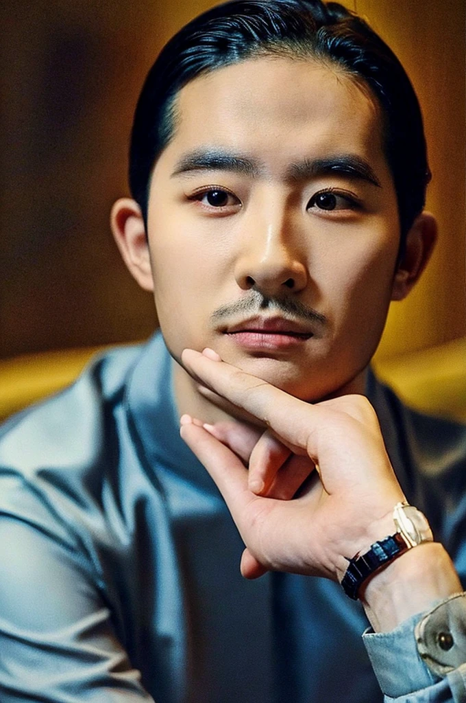 Korean boy, prominent feature of his face, enhancing his unique and captivating appearance, thick eyebrows, colored, pale skin with hair falling on his forehead, wearing a balaclava highlighting the color of his eyes and wearing a low-cut shirt, showing his musculature, he is sitting on a sofa making a sign with one of his hands and his body is toned like that of a Russian military man.