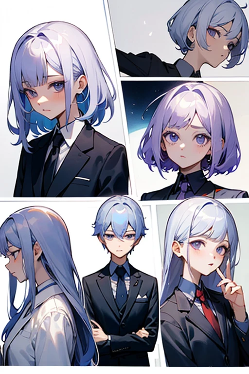 pretty girl Soft touch In a suit Looks like a Korean idol Four people with different personalities Purple Mysterious inner color Fluffy perm White Hair