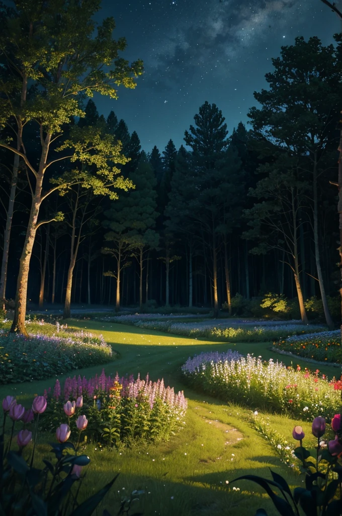 dark forest garden meadow at midnight with pretty flowers