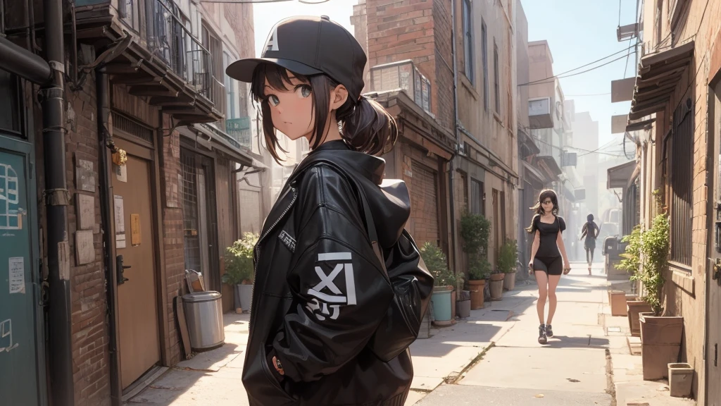 alley scene with a hip hop girl in the background making faces at a camera