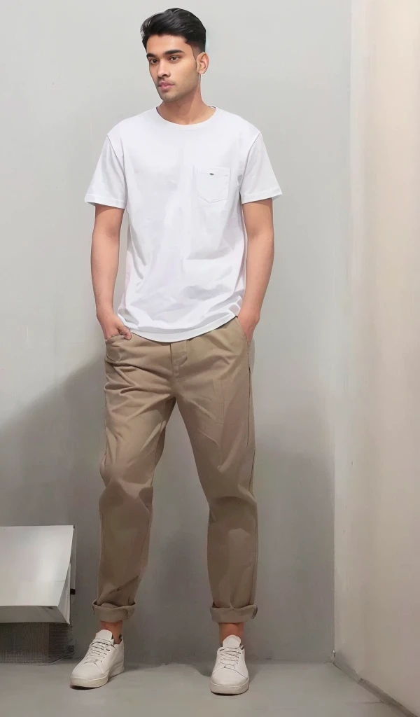 Standing in the corner，Arav man in white shirt and khaki pants, Overalls, wearing Overalls, Wearing pants and T-shirt, There are two front pockets, Modern casual clothing, Casual Modern Clothing, Official product images, Work clothes, Wear a white T-shirt, Work clothes, Full body portrait, Full body photo of Steve, Full body pictures