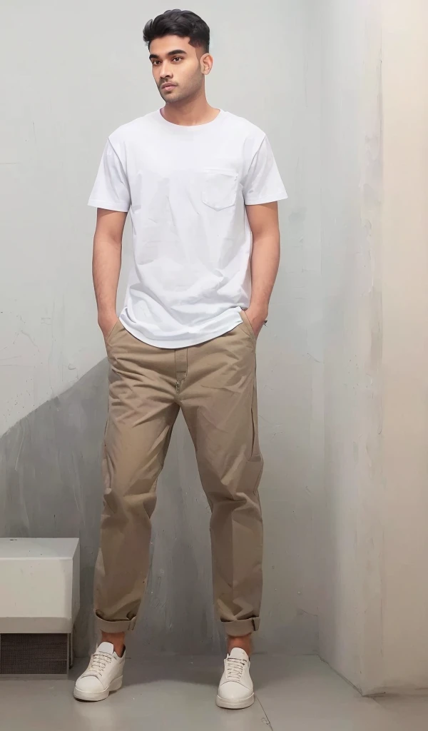 Standing in the corner,Arav man in white shirt and khaki pants, Overalls, wearing Overalls, Wearing pants and T-shirt, There are two front pockets, Modern casual clothing, Casual Modern Clothing, Official product images, Work clothes, Wear a white T-shirt, Work clothes, Full body portrait, Full body photo of Steve, Full body pictures
