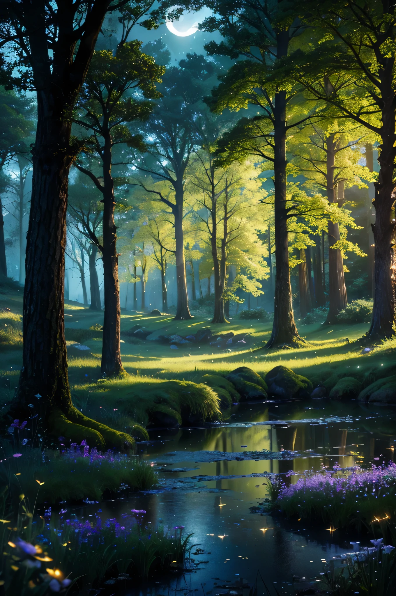 a comforting moonlit meadow in a lush forest at night, dark colors, peaceful atmosphere, moonlight, fireflies, glowing mushrooms, night sky, stars, ancient trees, mossy rocks, serene pond, long grass, wildflowers, (best quality,4k,8k,highres,masterpiece:1.2),ultra-detailed,(realistic,photorealistic,photo-realistic:1.37),landscape,fantasy,dramatic lighting,moody,cinematic