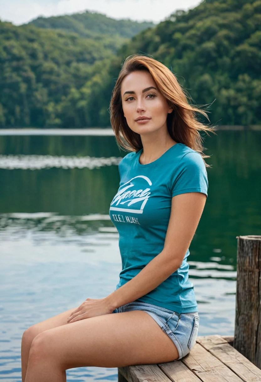  captivating woman in a fitted t-shirt and shorts, medium brest,ultra realistic,sitting on a dock by a lake