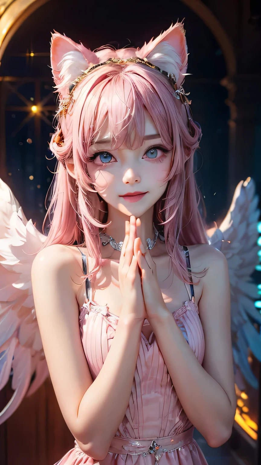 ((highest quality)), ((masterpiece)), (detailed), Perfect Face, Perfect cheeks, (goddess:1.2), pray, pink dress, (face forward:1.2), (alone), 8k, hair color pink, (Cat ear), (have confidence:1.1), pink eyes, (whole body), Sparkling Eyes, (big angel wings:1.2), smile, surprised eyes, young woman, open your eyes, join hands,