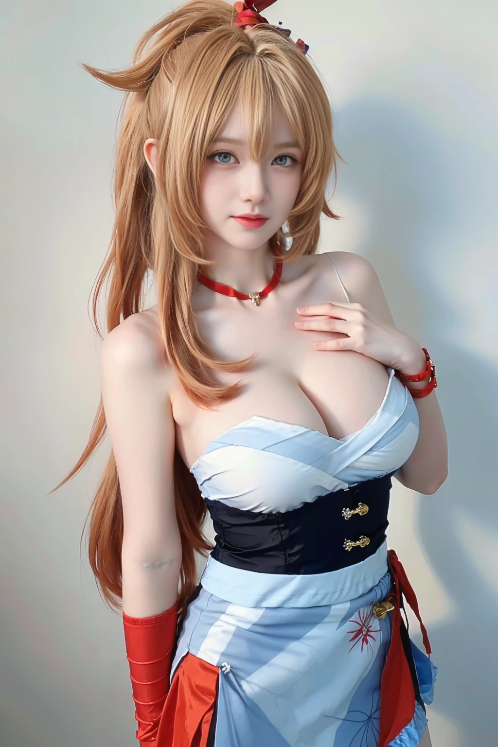 best quality, tmasterpiece,Ultra-high resolution,Clear face,(Reality:1.4),ferpect lighting,(upper body shot:1.5), (photorealistic:1.50), anime wallpaper, Guviz style artwork, cover-up fantasy up to magic , by Yang J, Guviz, beautiful artwork illustration, beautiful digital artwork, beautiful digital illustration, Li Song, beautiful anime portrait, art style in Beauvot,1girl, solo, long hair, blonde hair, Ponytail hair, Hair ribbon, Red ribbon, Bangs, hair ornament, (Bandage clothes:1.3), short dress, Thigh, standing,(super Giant breast:1.7),(Sagging breasts:1.5),(Cleavage:1.5),(blue eyes:1.5),