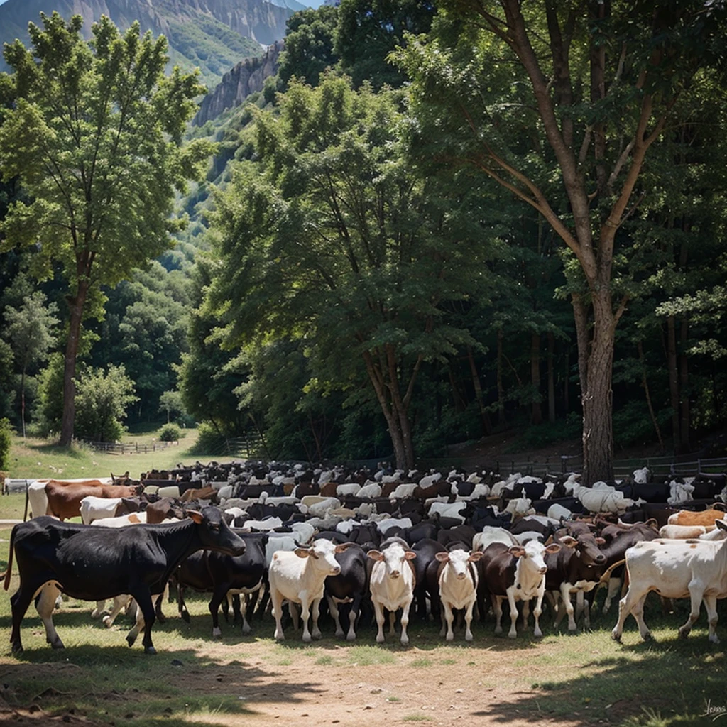 Cows and goats swarmed by 10 men against the background of a mountain of trees