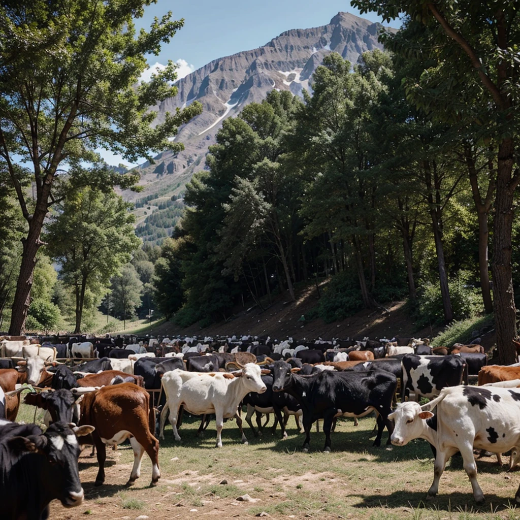 Cows and goats swarmed by 10 men against the background of a mountain of trees 