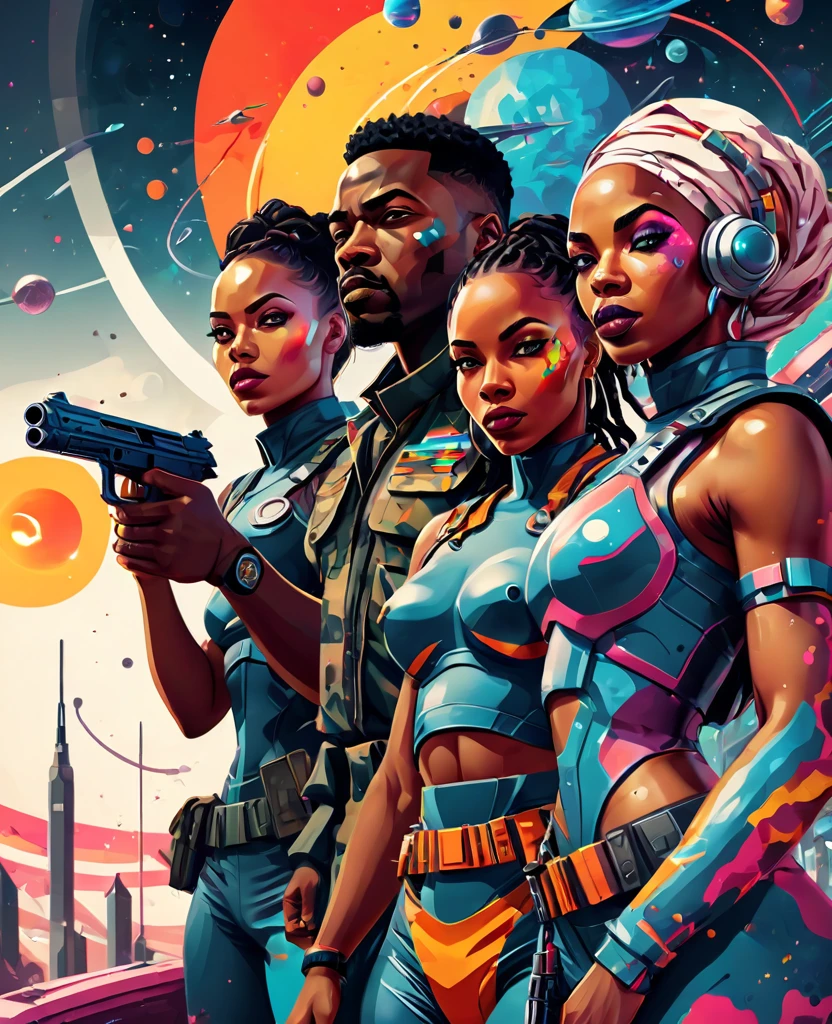 Low angle shot of Vector Art, Colorful illustration with African soldier team of two african men and two african women holding futuristic guns, looking at the viewer with serious facial expressions. Spaceships, horoscopes and solar system in the background. Afrofuturism art, sci-fi art, Vibrant colors,Graffiti Art,ink splatter,Wild and unrestrained,rich and colorful,visual impact, Modern aesthetic super detailed,