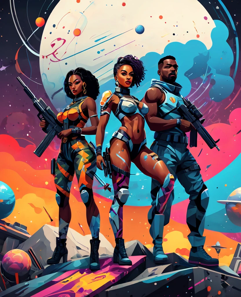 Low angle shot of Vector Art, Colorful illustration with  African soldier team of two african men and two african women holding  futuristic guns, looking at the viewer with serious facial expressions. Spaceships, horoscopes and solar system in the background. Afrofuturism art, sci-fi art, Vibrant colors，Graffiti Art，ink splatter，Wild and unrestrained，rich and colorful，visual impact, Modern aesthetic super detailed,

