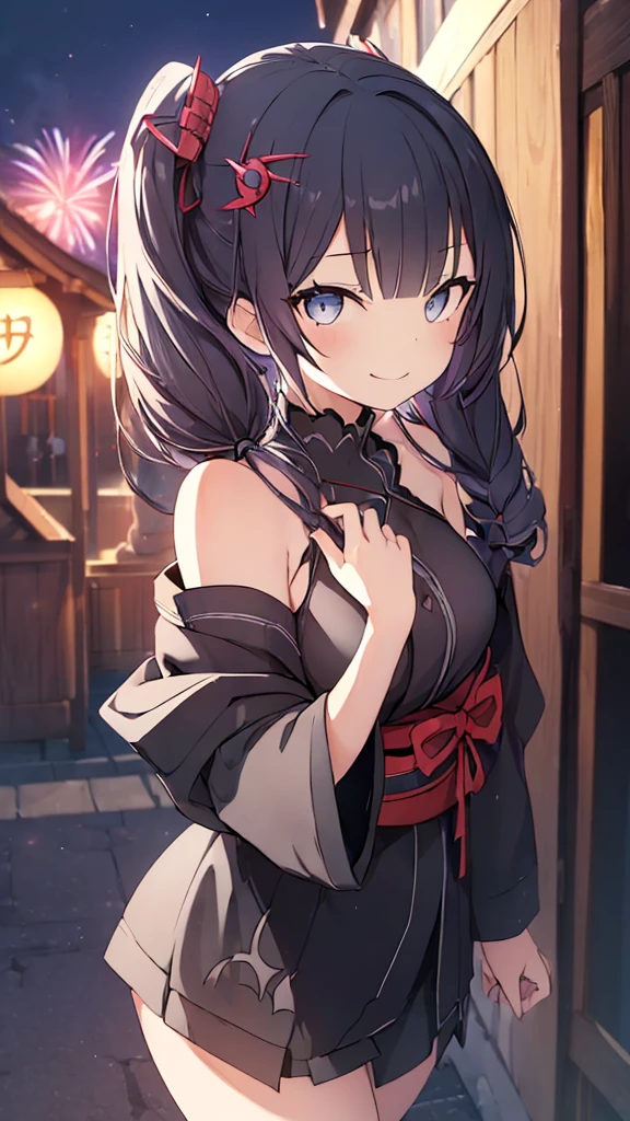 prompt（Re-adjusted version）
beautiful, masterpiece, Highest quality, HiqCG Body, anime, (1 Girl:1.5), (Small breasts:1.2), Portrait Shot, View your viewers, Wet Skin, Intricate details, Little Woman, Her eyes were shining like dreamy stars.,(Shining Eyes:1.3),(Beautifully detailed eyes:1.1)、[[Delicate fingers and hands:0.55]::0.85],(Detailed reference),(Thick black hair, Eyes are bright purple,(Sharp Eye:1.3), (tsurime:1.5), Twin tails,Straight Hair,(Asymmetrical bangs:1.2),(Blunt Bangs:1.3), (hairpin:1.2), Young face,Childlike,Small devil,Succubus,Vampire,Double teeth,Small corner),(kimono),Dynamic Pose,(yandere:1.1),(yandere smile:1.3),(smirk:1.3) ,Cleavage,High angle shot、(night:1.4)、(full moon:1.1),Focus on the chest,(Shake your head:1.2), Thick black hair, kimono, firework