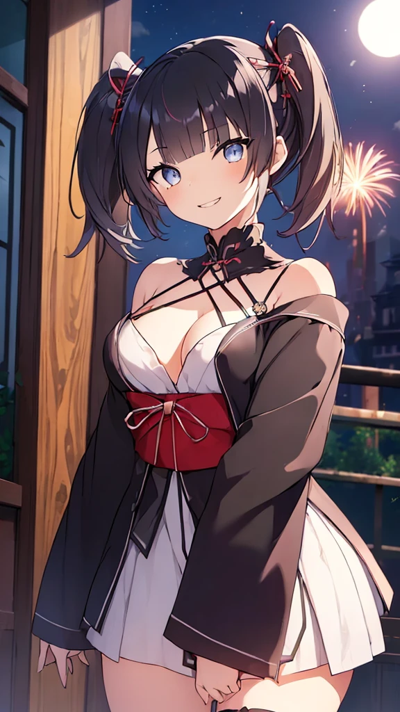 prompt（Re-adjusted version）
beautiful, masterpiece, Highest quality, HiqCG Body, anime, (1 Girl:1.5), (Small breasts:1.2), Portrait Shot, View your viewers, Wet Skin, Intricate details, Little Woman, Her eyes were shining like dreamy stars.,(Shining Eyes:1.3),(Beautifully detailed eyes:1.1)、[[Delicate fingers and hands:0.55]::0.85],(Detailed reference),(Thick black hair, Eyes are bright purple,(Sharp Eye:1.3), (tsurime:1.5), Twin tails,Straight Hair,(Asymmetrical bangs:1.2),(Blunt Bangs:1.3), (hairpin:1.2), Young face,Childlike,Small devil,Succubus,Vampire,Double teeth,Small corner),(kimono),Dynamic Pose,(yandere:1.1),(yandere smile:1.3),(smirk:1.3) ,Cleavage,High angle shot、(night:1.4)、(full moon:1.1),Focus on the chest,(Shake your head:1.2), Thick black hair, kimono, firework