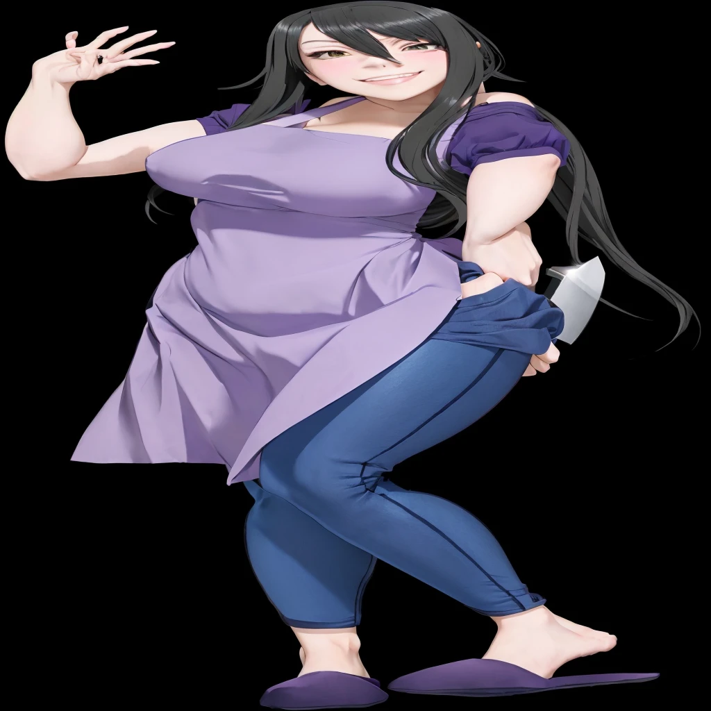 anime girl with a knife in her hand and a purple dress, full body close-up shot, hinata hyuga, full body shot close up, , nico robin, evil standing smiling pose, full body details, !!full body portrait!!, digitally colored, tifa lockheart,