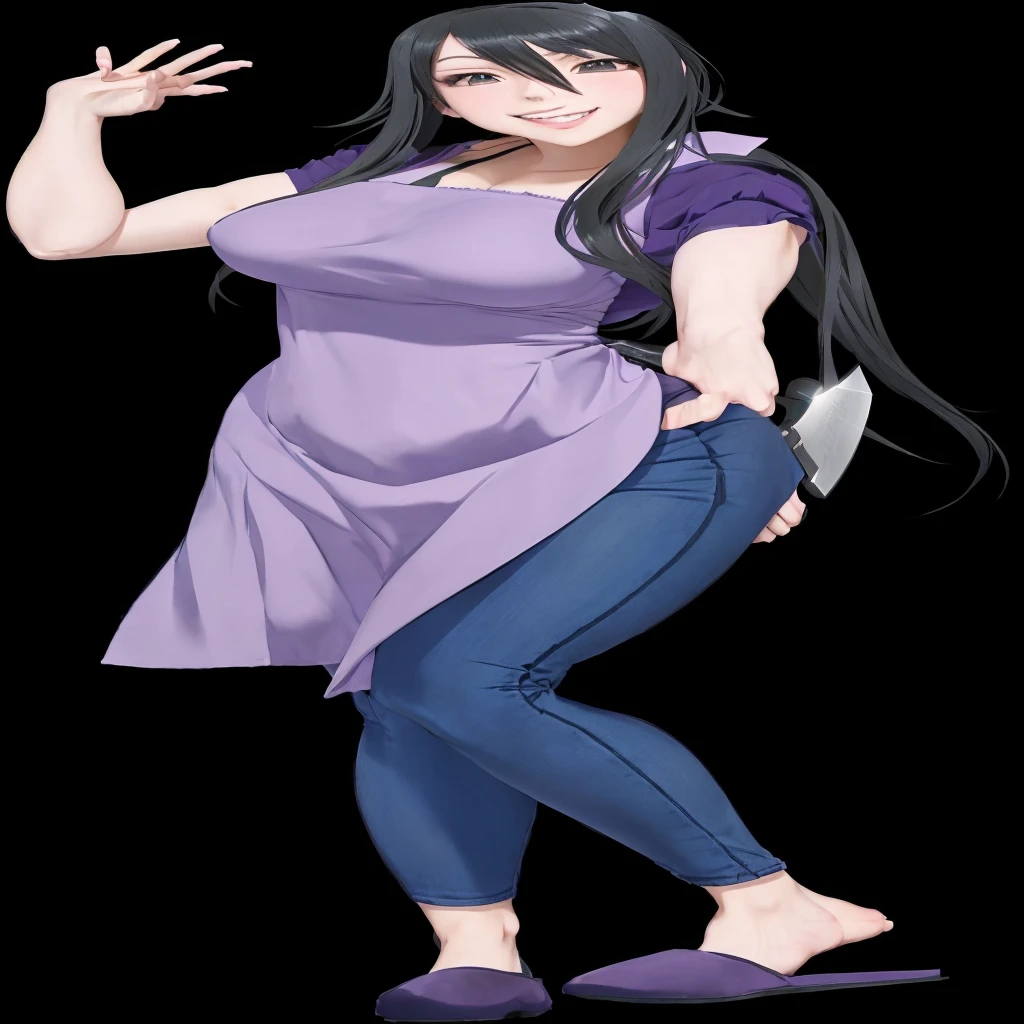 anime girl with a knife in her hand and a purple dress, full body close-up shot, hinata hyuga, full body shot close up, , nico robin, evil standing smiling pose, full body details, !!full body portrait!!, digitally colored, tifa lockheart,
