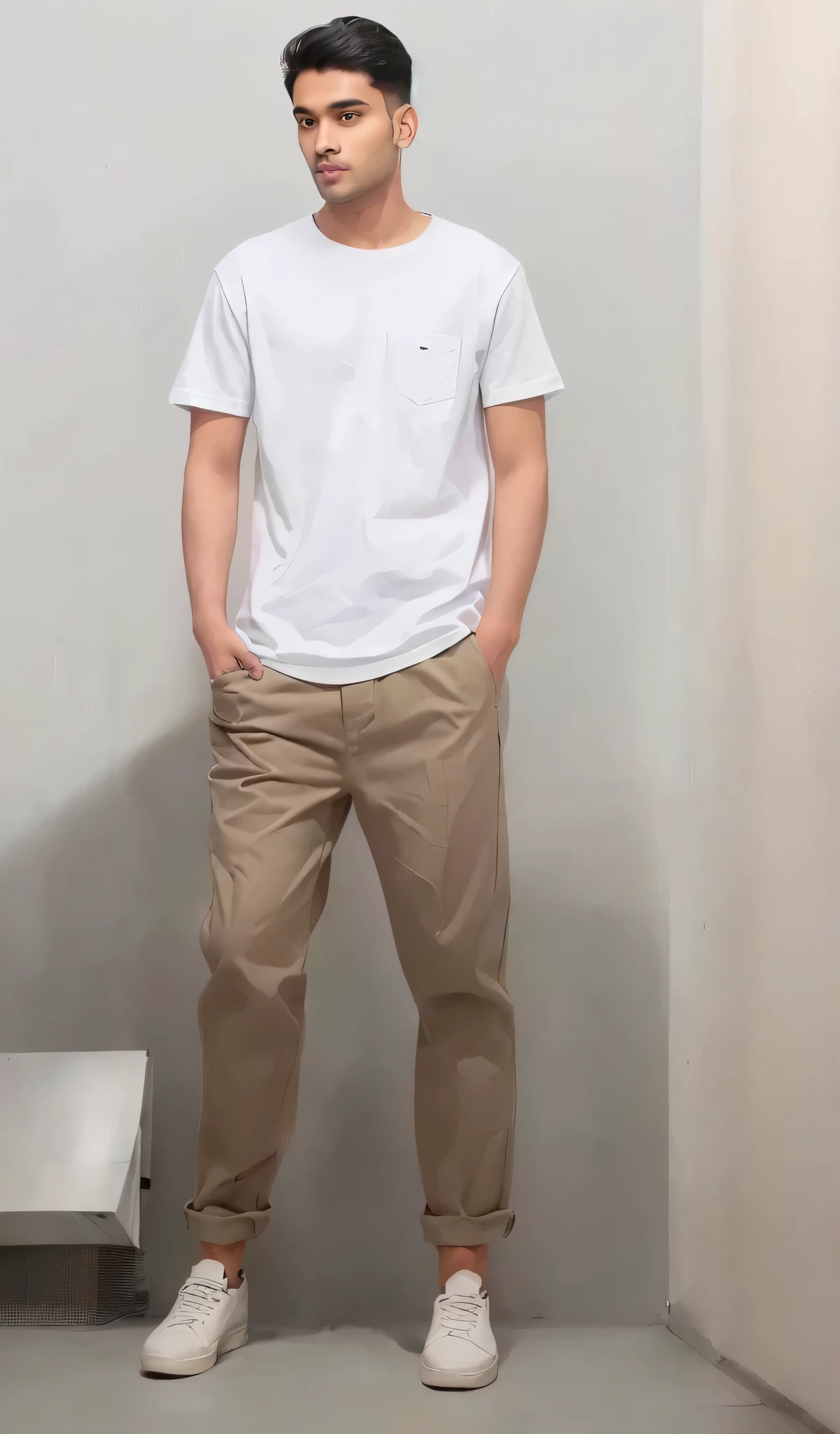 Standing in the corner,Arav man in white shirt and khaki pants, Overalls, wearing Overalls, Wearing pants and T-shirt, There are two front pockets, Modern casual clothing, Casual Modern Clothing, Official product images, Work clothes, Wear a white T-shirt, Work clothes, Full body portrait, Full body photo of Steve, Full body pictures