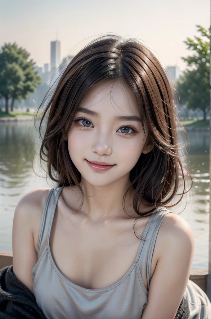 8K Super Resolution、Beauty、One Woman、Dark Brown Hair:1.1、Highly detailed face、Lips detail、important、(Eyes meet)、double eyelid、Princess Eyes、Beautiful Japanese Women、Beautiful Japanese Women、Sensual lips、Bewitching body、20th Generation、(21 years old)、far and near method、 Realistic Japanese women、Wearing a super realistically detailed stylish silk tank top and mini skirt、Hair blowing in the wind、I can see your chest、Crisp images、The delicate sparkle of the eyes、Ultra-realistic detailed park with river、color々Hair style、Smiling with a nice smile、There is a thick fog in the background、Fantastic landscape、