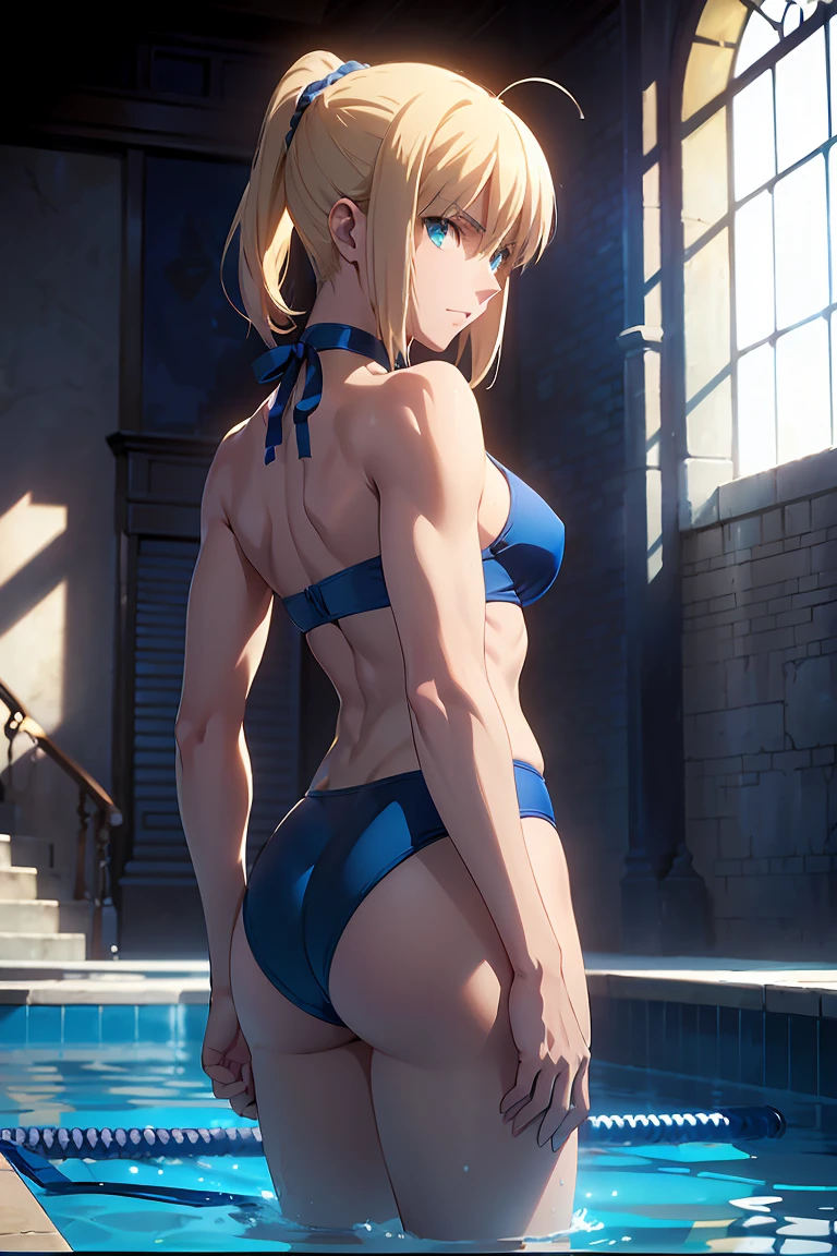 　(Highest quality:1.5, High resolution, 超High resolution, 4K, Detailed lighting, Shaders)(Beautiful details:1.6)(Artoria Pendragon), alone　　（Swimsuit）＋＋　　short hair,ponytail　 Parody, Blue choker,　Beautiful Abs　 Beautiful arm muscles　((Are standing))　　Realistic swimming pool　Angle from below　　Cool look　Beautiful ass