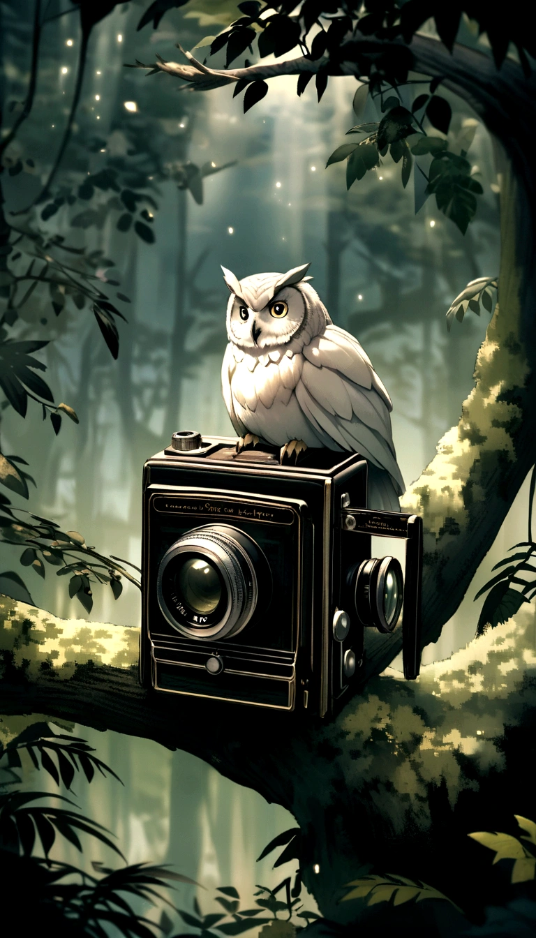 In the forest under the moonlight，A majestic owl perched gracefully on a mossy branch, Silver moonlight shines through the treetops，Forming a misty beam of light, Conveys a sense of tranquility and mystery. Full of mood and atmosphere，With a hint of fantasy, Shot with an old film camera, Soft Focus, And dreamy tones.