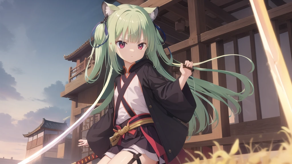 ((masterpiece)),(best quality),Official Art,Extremely detailed CG,Unity 8K wallpaper,Very detailed,Beautiful and delicate eyes,Extremely detailed face,1 girl,solitary,,(whole body:1.5),(small:1.3),,,Murasame,Very long hair,Green Hair,Face Up,Purple bow,hairpin,Side chains,Bangs,Red Eyes,Neck strap,Red belt,Sword Master，A humanoid weapon that combines cool future technology with elegant ancient style。Ancient Sword of Shadows，Used by Zhuanxu，Often in the box, I chant the dragon and tiger。If there are soldiers on all sides，Then soar into the air and relax，There is a white shadow trailing behind，What the blade points to，All can defeat。Color-wise，I chose cold black as the base，Paired with white that has a sense of holiness and chivalry，With golden auxiliary connection，The whole character conveys a sense of contradiction while appearing seamless and natural.。On clothing，The metallic glossy material and diamond-shaped material are used to highlight the sharpness of the weapon.；The design of the hood highlights the chivalrous spirit of a swordsman traveling the world.。On the texture，By deconstructing the zigzag pattern、The 蹀躞带 and the radicals of the classic Chinese characters that appear as the code of this world connect the future and。Behind the Shadow Sword，A huge sword-like building floats in the sky，Straight into the sky，有一种唯我独尊的solitary傲感。