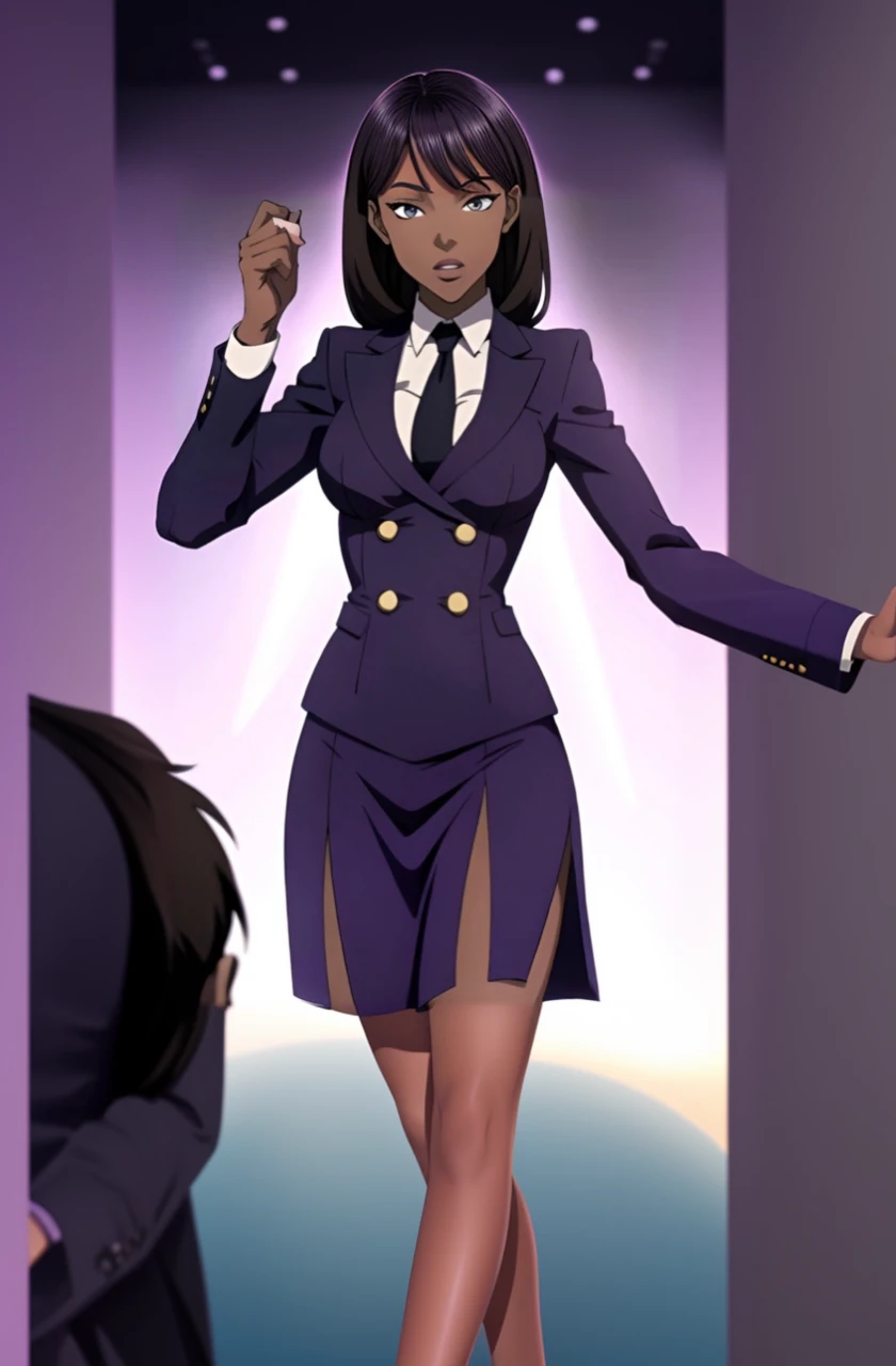 Black anime business woman in a purple skirt suit