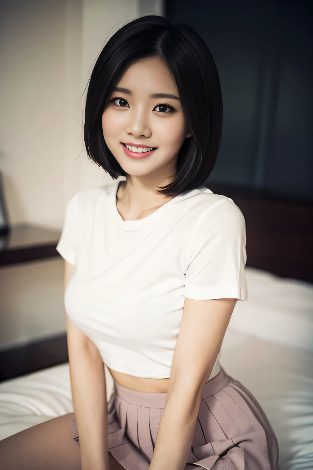 a gorgeous lady, age 22, white Knit T-shirt and pink pleated mini-skirt, on a bed, natural pose, dimpled smile, short bob hair, cute snaggleteeth, well-endowed round bosom, photorealistic, beautiful detailed eyes, hyper-realism, high contrast, ultra HD, realistic skin textures, top image quality, top-quality, super high resolution, fine details, very meticulously, bokeh black background, warm lighting