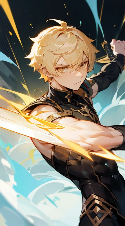 Aether from Genshin Impact. Blonde short hair. Golden Eyes. Holding a sword. 1boy. Muscular body. Black sweather. Sharp eyes. Serious expression.