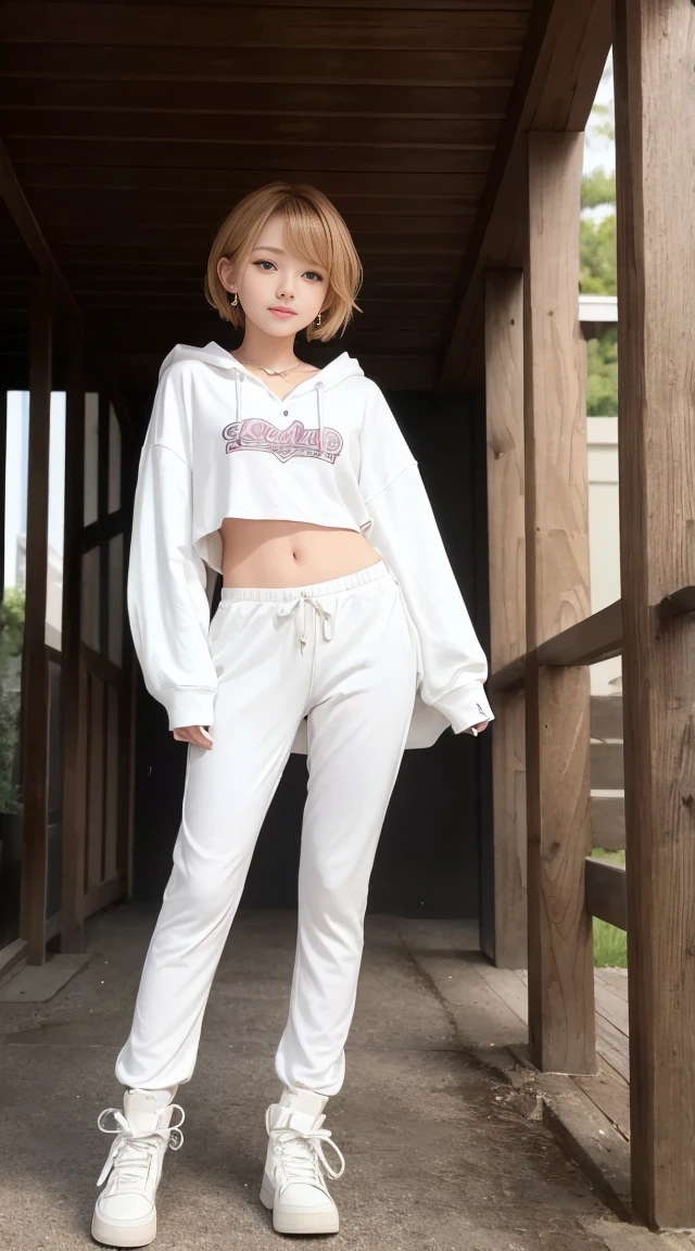 flying debris、Highest quality、An illustration、Highest quality、Understood、High resolution、8k wallpaper、Perfect dynamic composition、(((Ezvian Everywhere)))、((From below))、Beautiful and cute 20 year old girl、Beautiful face in every detail、Delicate and cute eyes、Fine skin、Red cheeks.、shy、(Semi-short hair:1.3)、(wavy blonde hair)、Small breasts、Bold sexy pose、smile、Small breasts、Between the legs、Small Ass、Thin ass、Generated on the eaves.、Narrow shoulders、wavy blonde hair、blonde、Heart-shaped earrings、smile、、Gold Bracelets、Tie your hair back、White hoodie、Deeply hooded、Loose fitting white harem pants、Combat Boots、at the park、Standing posture、So that the whole body can be seen、
