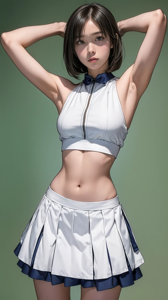 A girl wearing a maid outfit with a crop top, , ((Raise your arms, Show your armpits)), Troubled face, Short Bob, Very slim, Showing your belly button, skirt, Mansion, beautiful stomach, stomach, (To NFSW:1.5)