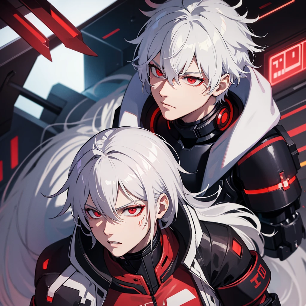 Male, white hair , red eyes, anime, cyberpunk theme, high quality, realistic lighting, cyber amor and devil helmets