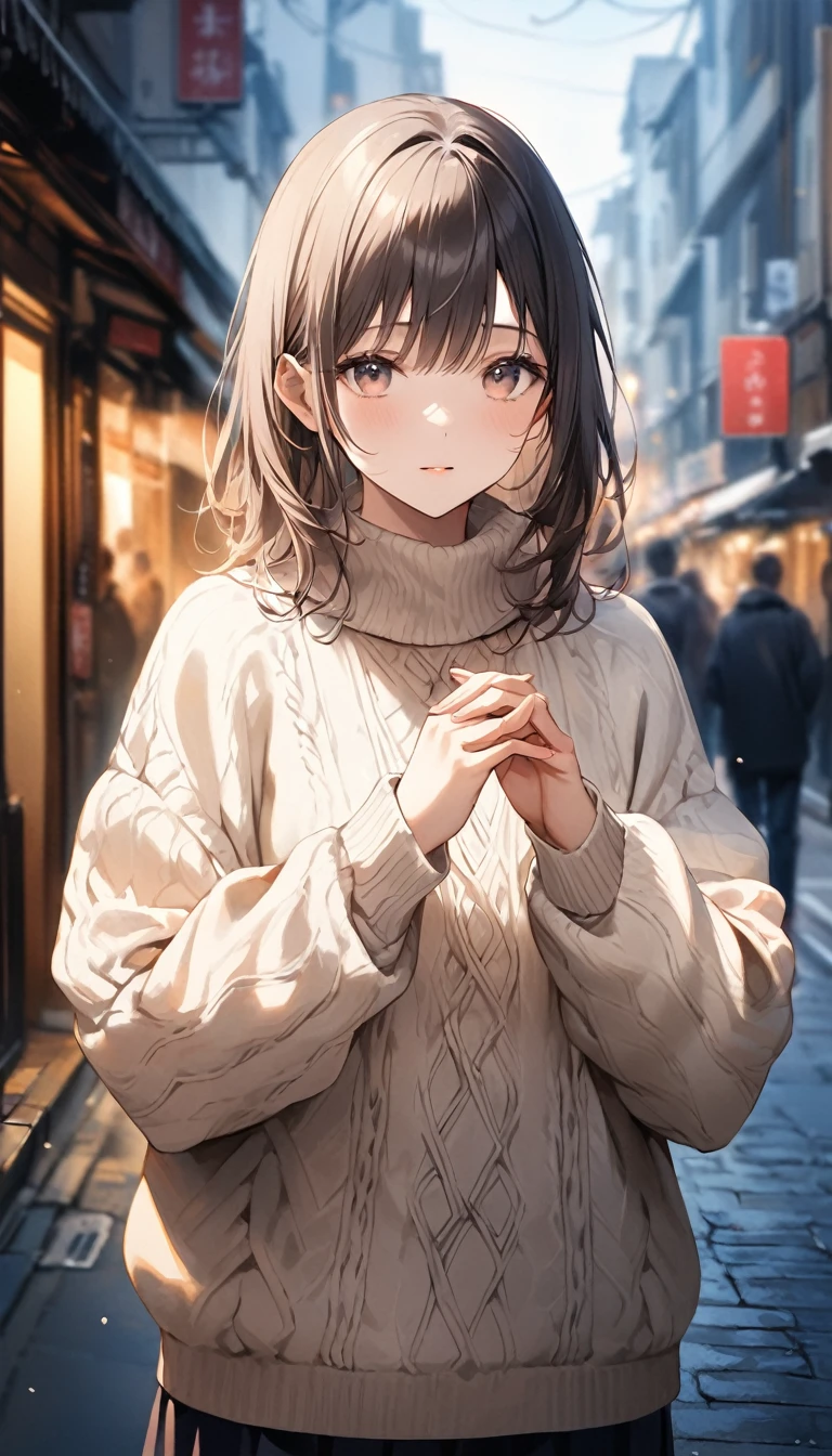 (Masterpiece), (8k size wallpaper), (top quality), Caustics, Detiled、Hyperrealistic Photo、Photorealistic、A girl in a loose sweater is warming her hands in the street and looking in the direction of the camera、Dynamic photos、