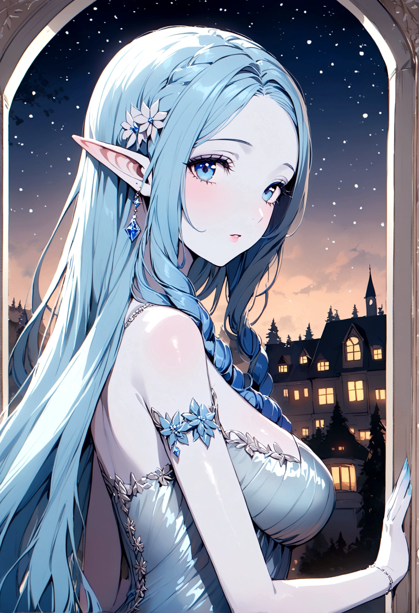 A ice elf (lovely woman, pale blue skin, deep blue hair and eyes, sheer reflective evening dress) acting alluring in a winter wonder land