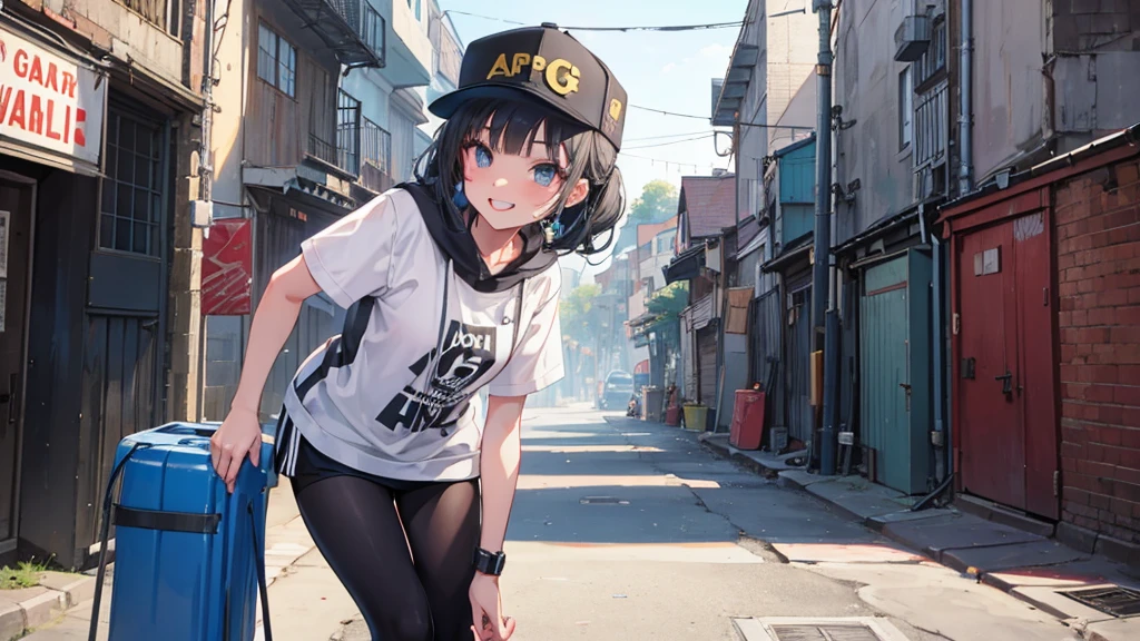 alley scene with a hip hop girl in the background making a face with her teeth and tongue sticking out at a camera