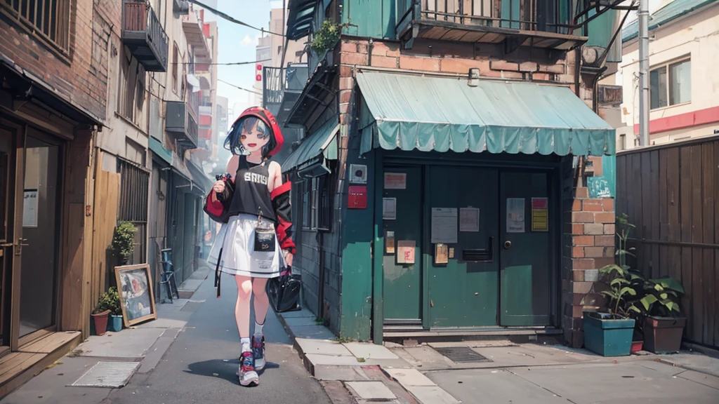 alley scene with a hip hop girl in the background making a face with her teeth and tongue sticking out at a camera